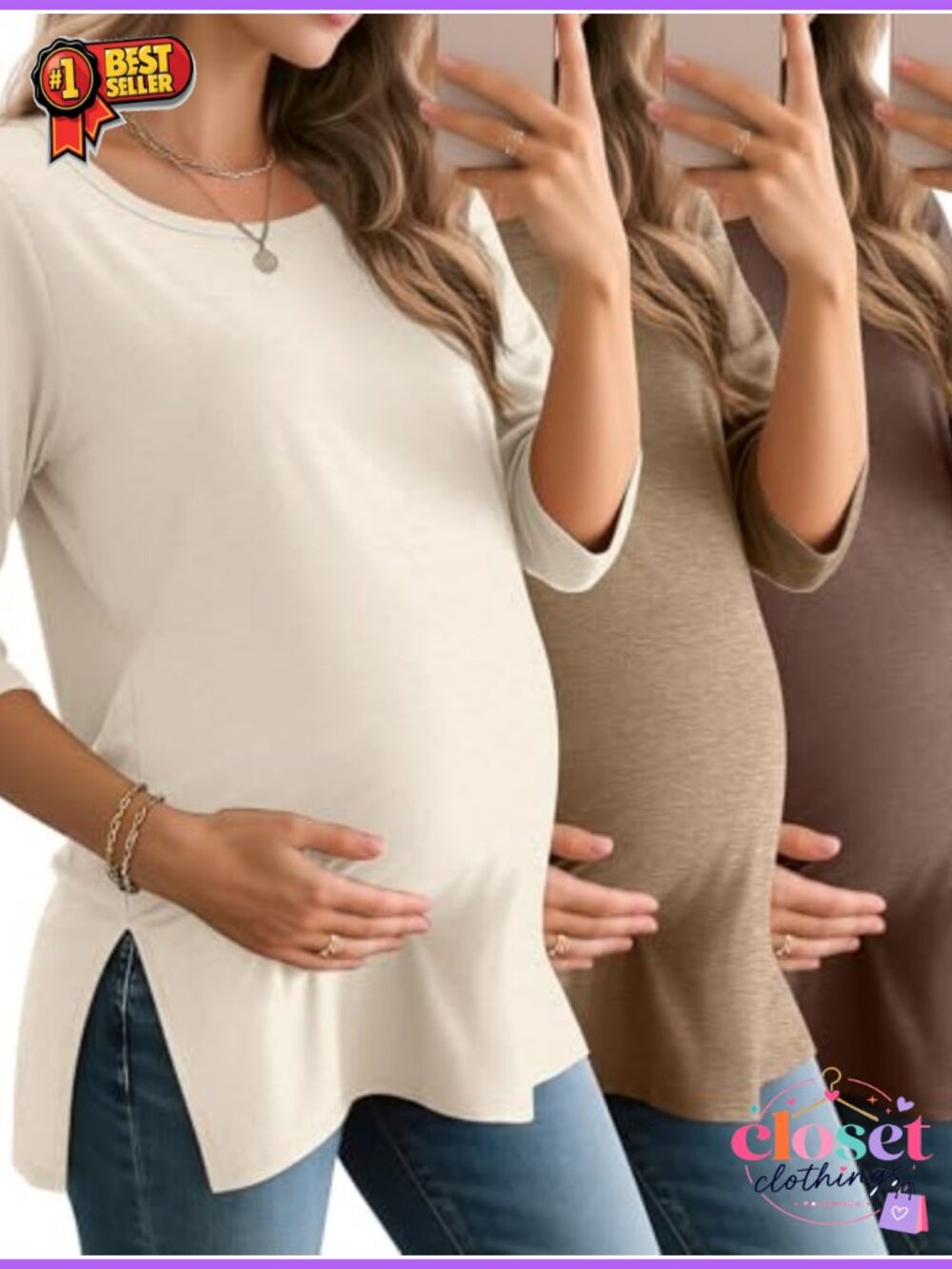 3 Pack Women's Maternity 3/4 Sleeve Loose Crewneck Tops Tunic T-Shirts